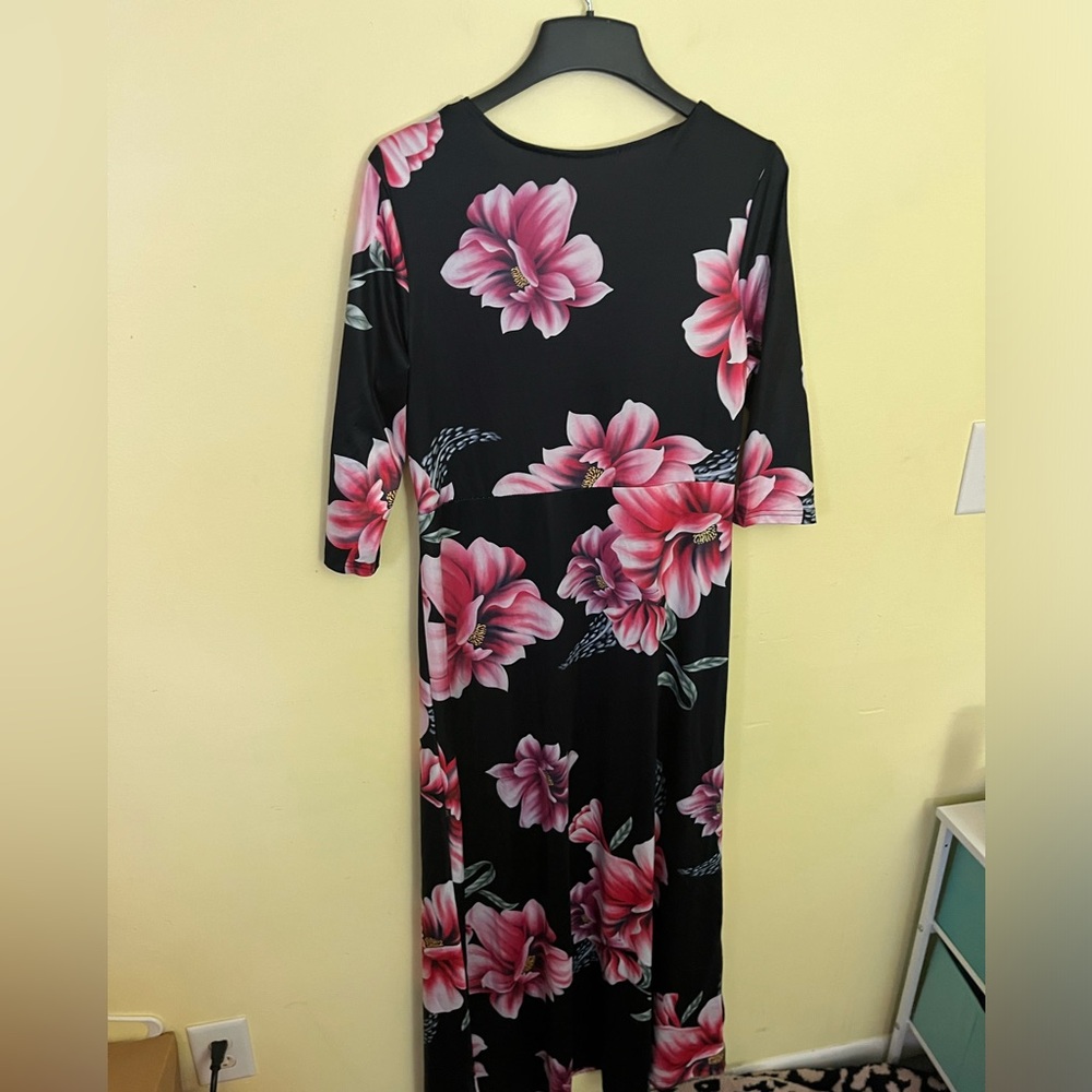 Floral Faux Wrap Dress with Pink Flowers XL - Picture 3 of 5